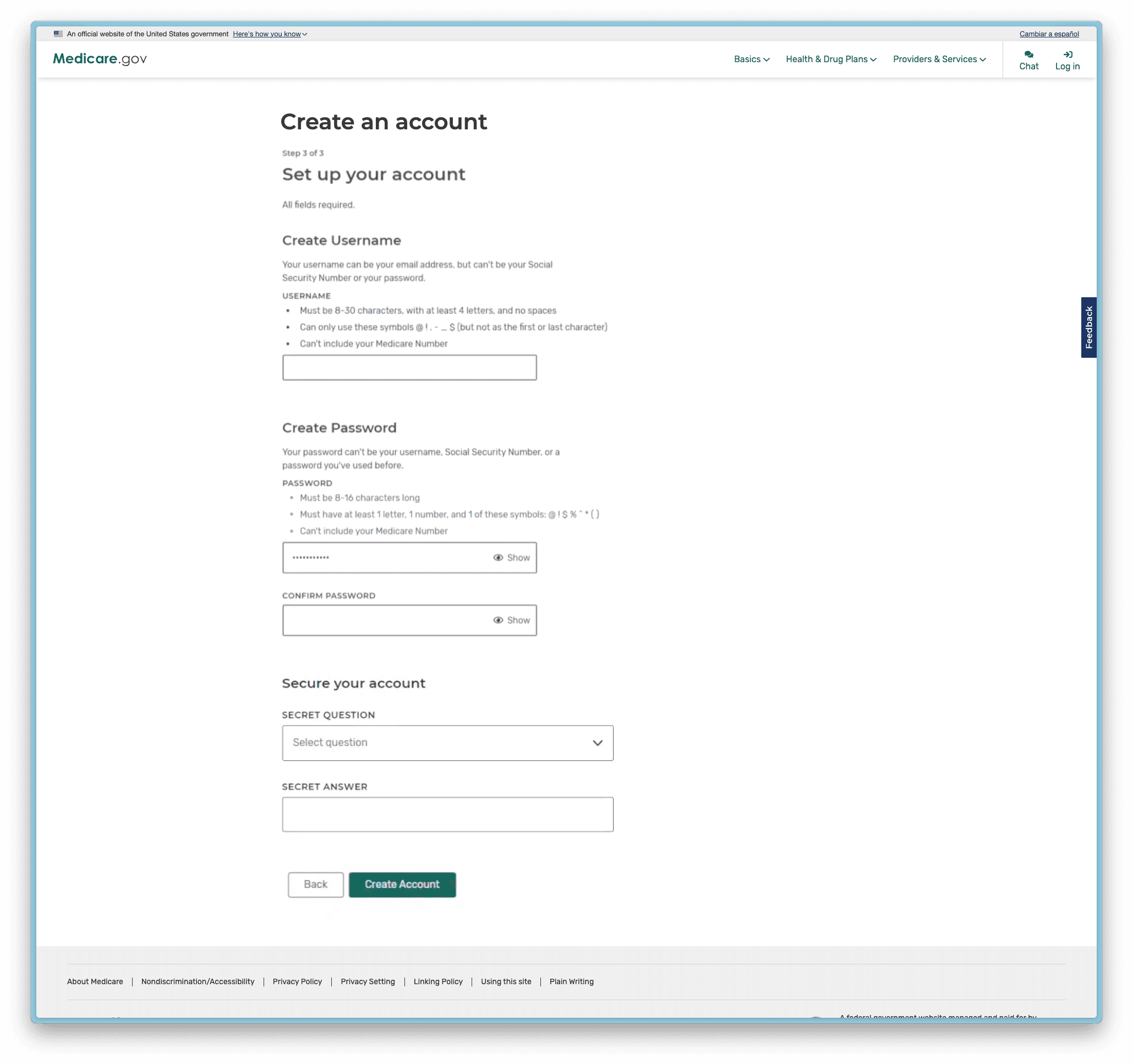 Medicare Account Creation