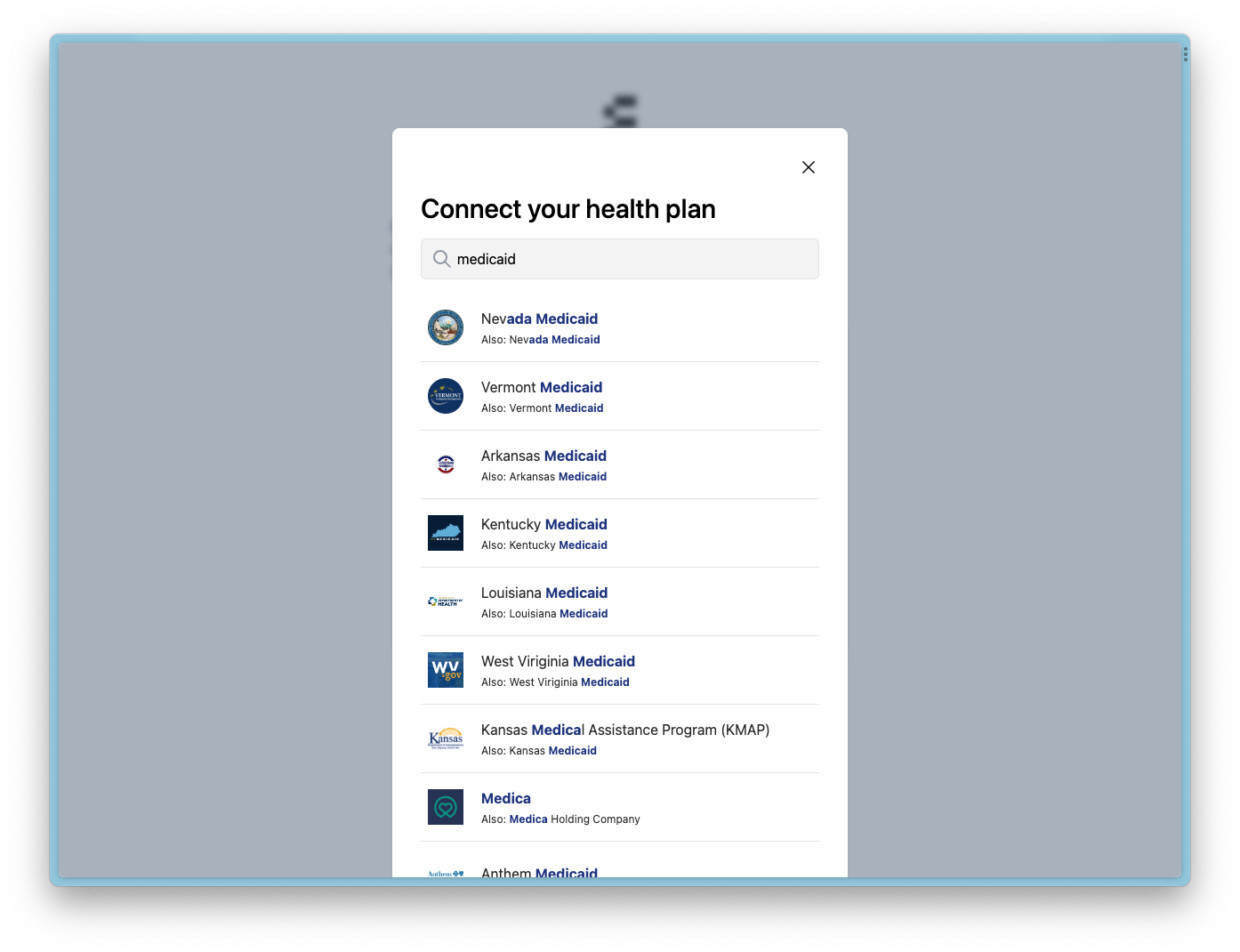 Flexpa Link health plan modal searching for Medicaid